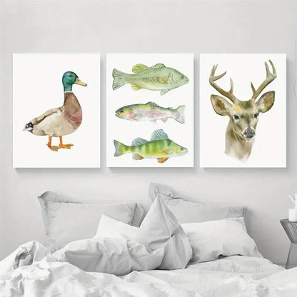3pcs Watercolor Animal Prints Hunting & Fishing Metal Print Ready to Hang Art