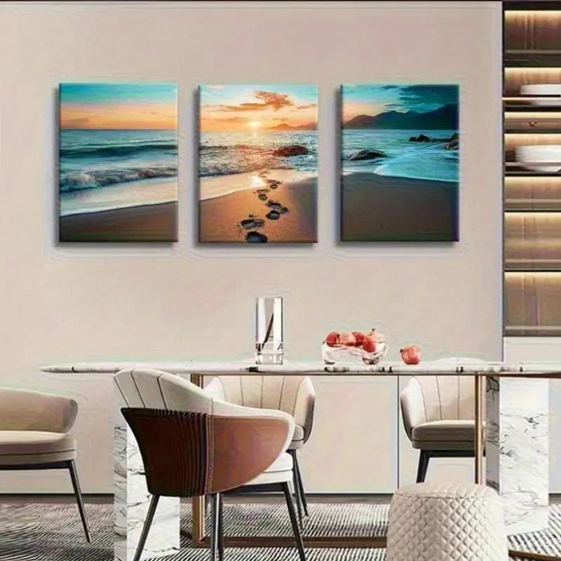 3pcs Coastal Waves Footprint Tropical Landscape Metal Print Ready to Hang Art