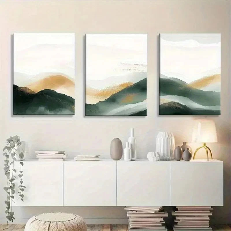 3pcs Green and Golden Serene Abstract Mountain Metal Print Ready to Hang Art