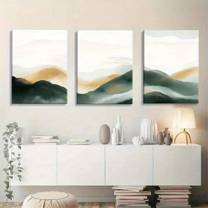 3pcs Green and Golden Serene Abstract Mountain Metal Print Ready to Hang Art