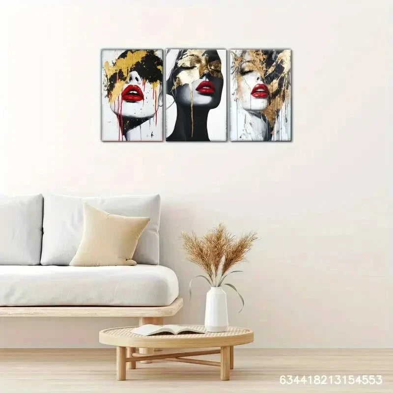 3pcs Red Lips Sexy Woman Golden Decoration Metal Print Ready to Hang Art