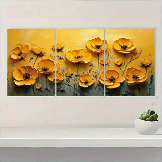 3pcs Yellow Wildflower Oil Small Impasto Art Metal Print Ready to Hang Art
