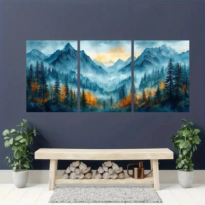 3pcs Mountain Forest Misty Pine Tree Landscape Metal Print Ready to Hang Art