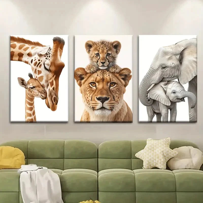 3pcs Featuring Safari Park Jungle Animals Metal Print Ready to Hang Art