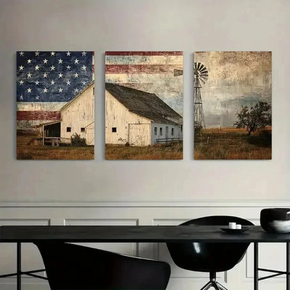 3pcs White Barn with American Flag and Windmill Metal Print Ready to Hang Art