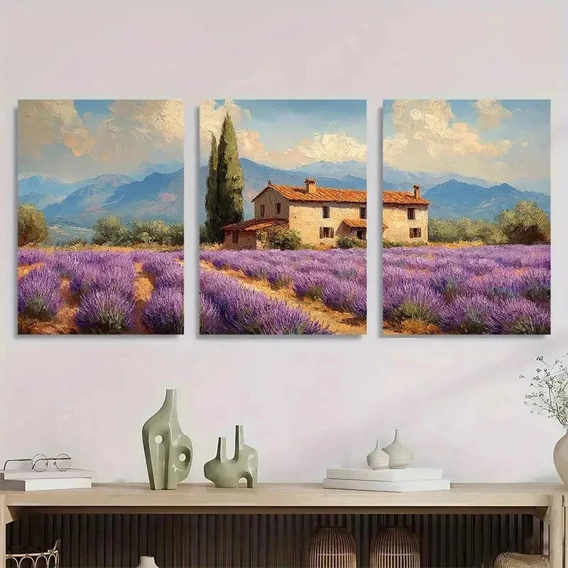 3pcs Lavender Fields Rustic Impasto Perfect Wall Art Set Canvas Framed 40x60cm - High Quality Print 100% Australian Made Wall Canvas Ready to Hang