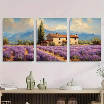 3pcs Lavender Fields Rustic Impasto Perfect Wall Art Set Canvas Framed 40x60cm - High Quality Print 100% Australian Made Wall Canvas Ready to Hang