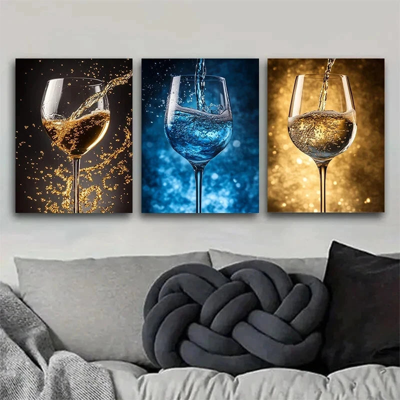 3pcs Vibrant Wine Glass Prints with Golden & Blue Metal Print Ready to Hang Art