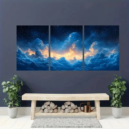 3pcs Abstract Cloud Sky Navy Blue & Orange Art Metal Print Ready to Hang Art