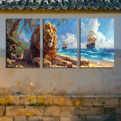 3pcs Lion and Ocean Cruise Ship Beach Scene Metal Print Ready to Hang Art