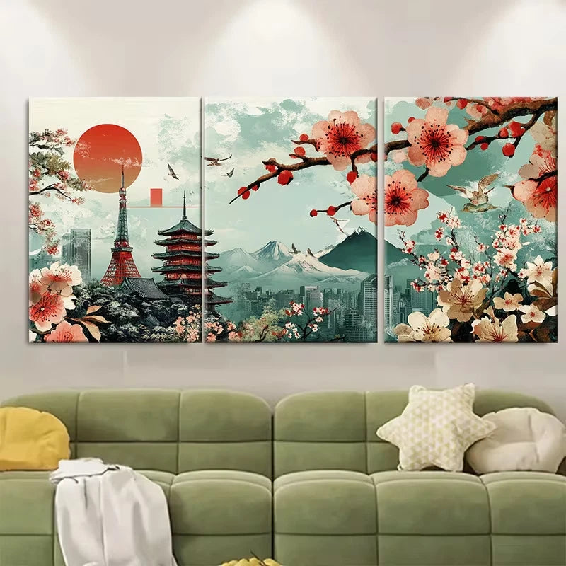 3pcs Cherry Blossom & Pagoda Scenery Metal Print Ready to Hang Art