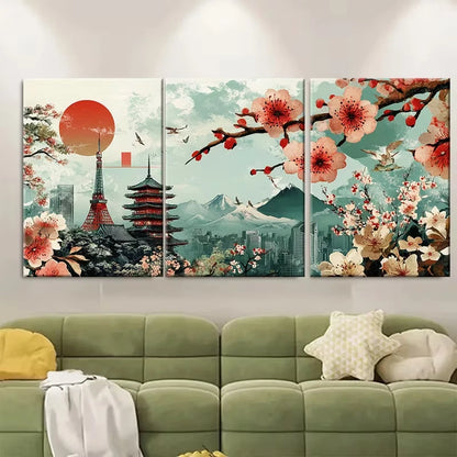 3pcs Cherry Blossom & Pagoda Scenery Metal Print Ready to Hang Art