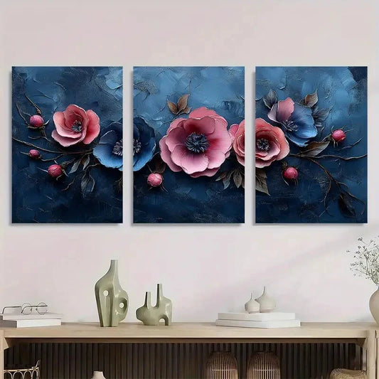 3pcs Complex Elegant Floral Pink & Blue Metal Print Ready to Hang Art