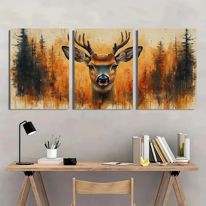 3pcs Forest Wildlife Paintings with Earthy Tones Metal Print Ready to Hang Art