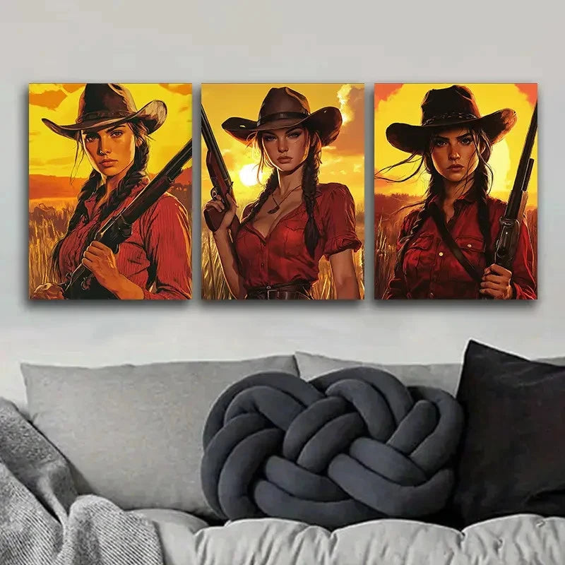 3pcs Woman in Red Shirt Western Style Metal Print Ready to Hang Art