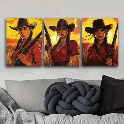 3pcs Woman in Red Shirt Western Style Metal Print Ready to Hang Art