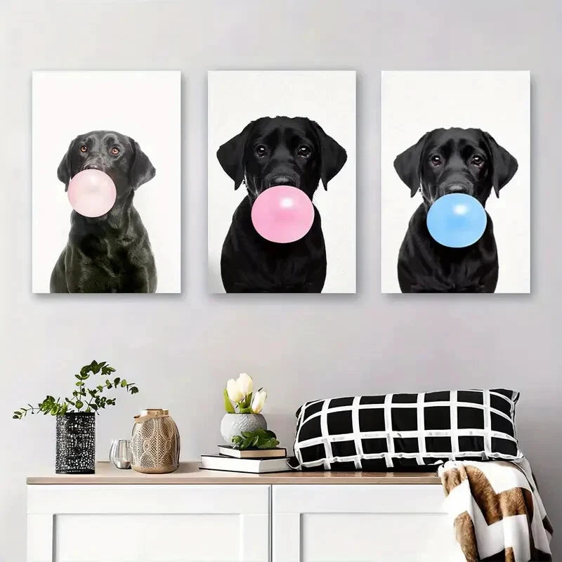 3pcs Playful Dog Illustrations with Pink & Blue Metal Print Ready to Hang Art