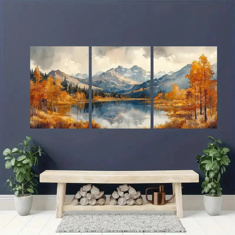 3pcs Vibrant Autumn Scenery with Aspen Trees Metal Print Ready to Hang Art