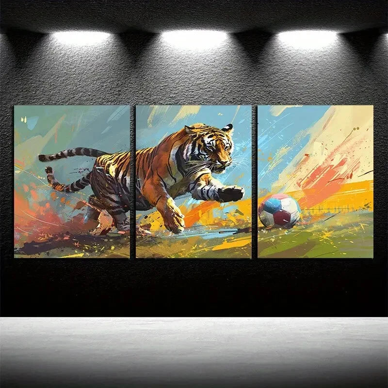 3pcs Vibrant Tiger Playing Soccer Modern Design Metal Print Ready to Hang Art
