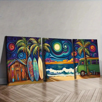 3pcs Colorful Kombi Van Parked At The Beach Wall Art Set Canvas Framed 40x60cm - High Quality Print 100% Australian Made Wall Canvas Ready to Hang