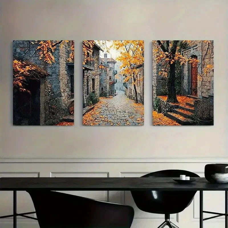 3pcs Vintage Autunm Road scene Metal Print Ready to Hang Art