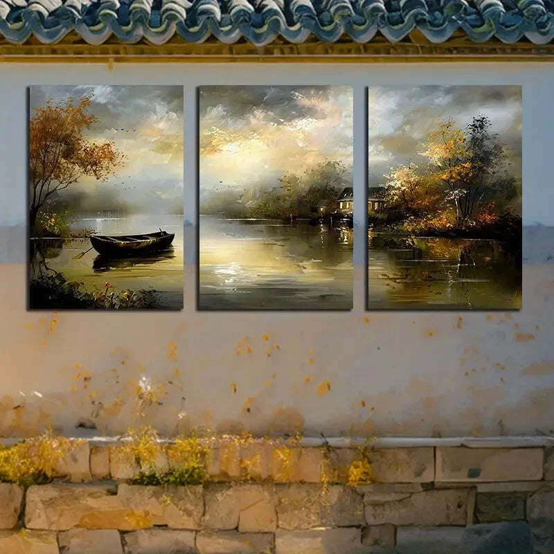 3pcs River Under The Intoxication of Night Lights Metal Print Ready to Hang Art