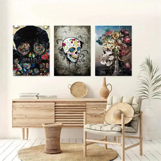 3pcs Skull Adorned with Flowers And a Snake Metal Print Ready to Hang Art