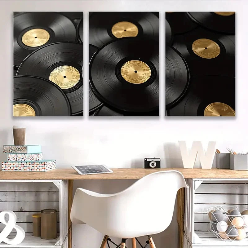 3pcs Golden & Black Vinyl Record Stacked Design Wall Art Set Canvas Framed 40x60cm - High Quality Print 100% Australian Made Wall Canvas Ready to Hang