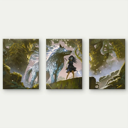 3pcs Fantasy Warrior Girl With Wolf Wall Art Set Canvas Framed 60x90cm - High Quality Print 100% Australian Made Wall Canvas Ready to Hang