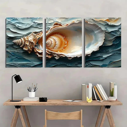 3pcs Vibrant Blue & Orange Oyster Shell Metal Print Ready to Hang Art