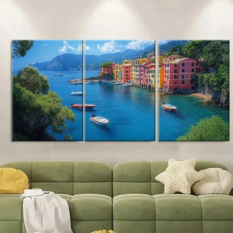 3pcs Portofino Coastal Calm Bay with Boats BH Wall Art Set Canvas Framed 40x60cm - High Quality Print 100% Australian Made Wall Canvas Ready to Hang