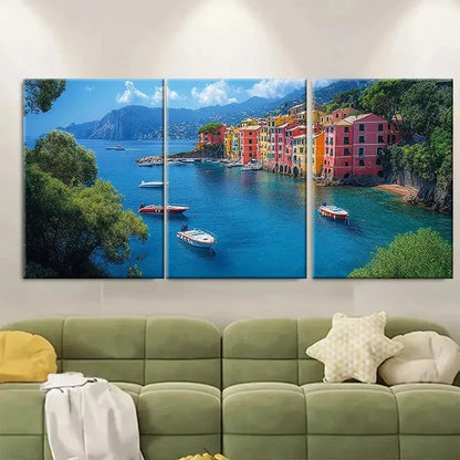 3pcs Portofino Coastal Calm Bay with Boats BH Wall Art Set Canvas Framed 40x60cm - High Quality Print 100% Australian Made Wall Canvas Ready to Hang