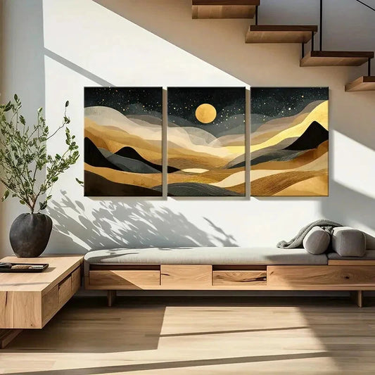 3pcs Abstract Landscape Art Golden Moon Wavy Lines Metal Print Ready to Hang Art