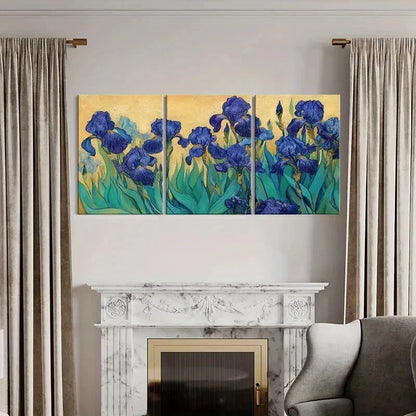 3pcs Artistic Blue Iris Flowers Abstract Painting Metal Print Ready to Hang Art