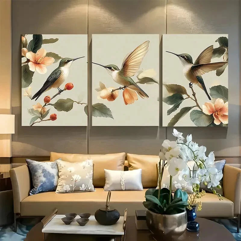3pcs Elegant Hummingbird with Neutral Tones Metal Print Ready to Hang Art