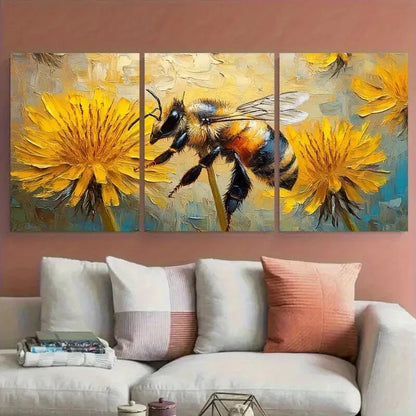 3pcs Vibrant Dandelion Honeybee Illustration Metal Print Ready to Hang Art