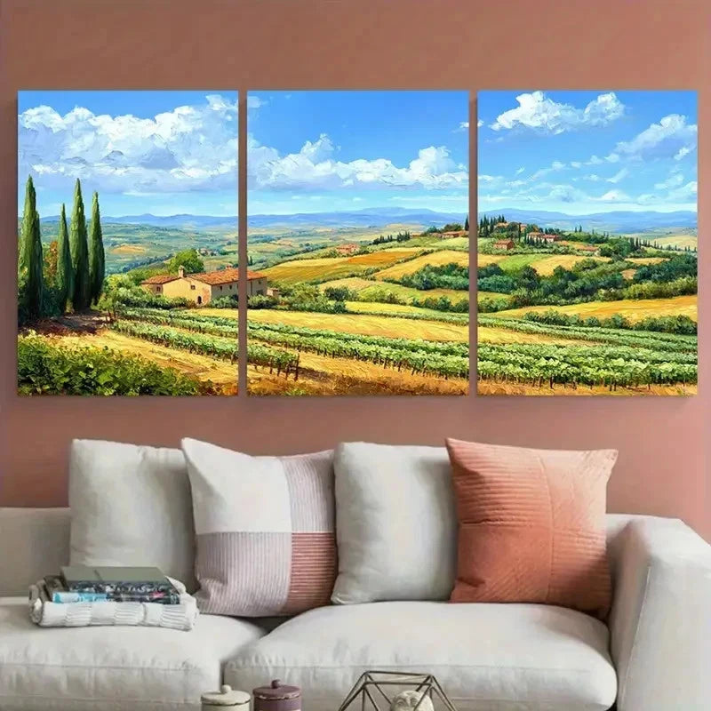 3pcs Crete Senesi Countryside Italian Landscape Wall Art Set Canvas Framed 50x70cm - High Quality Print 100% Australian Made Wall Canvas Ready to Hang