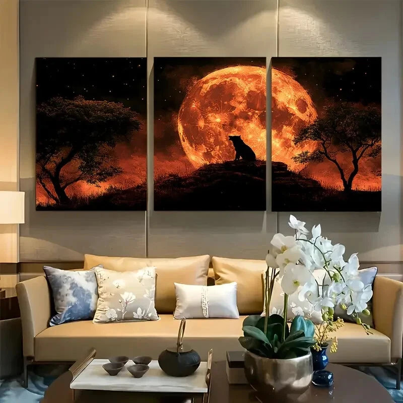 3pcs Wolf Sitting On Hill Howling at Full Moon Metal Print Ready to Hang Art