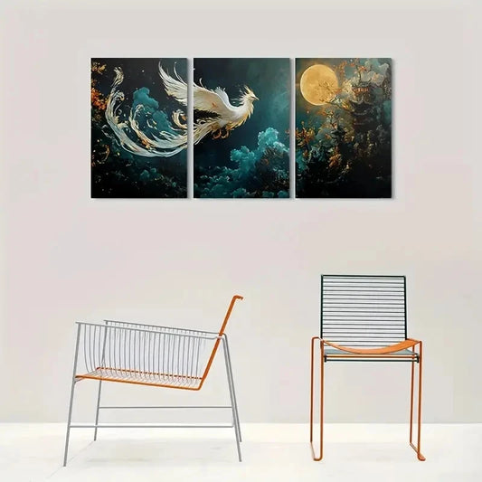 3pcs Fantasy Phoenix and Full Moon Metal Print Ready to Hang Art