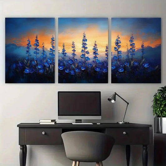 3pcs Bluebell Flowers Impasto Rustic Illustration Metal Print Ready to Hang Art