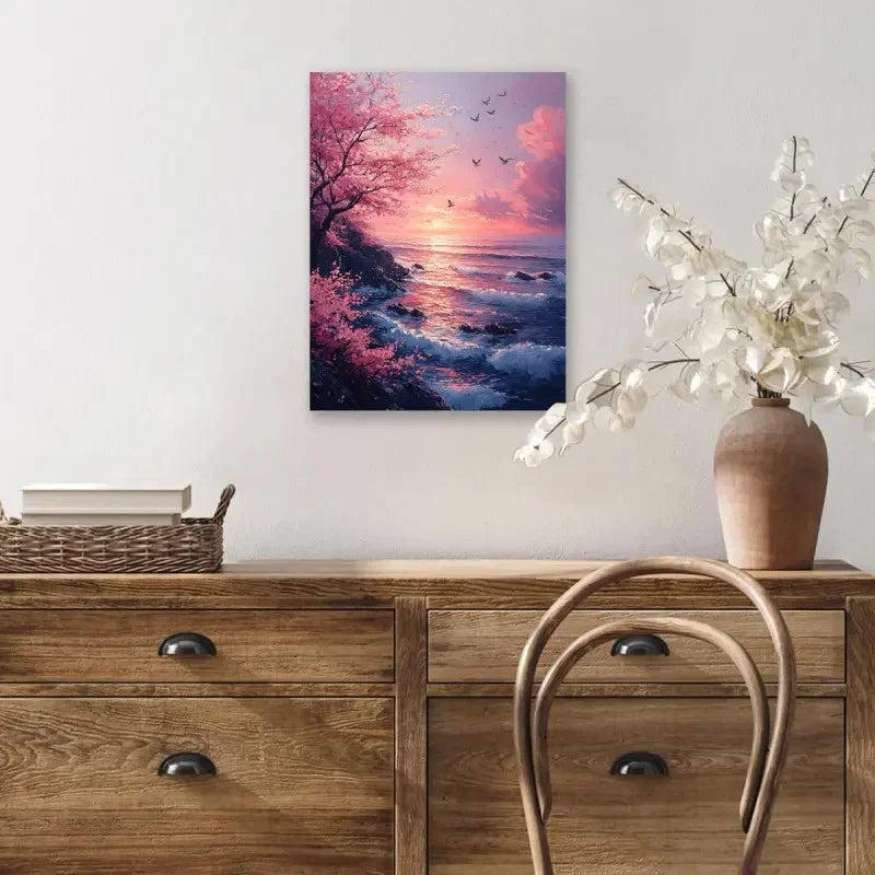 Beautiful Cherry Blossom Sunset Seascape  Painting 40x60cm Metal Print Ready to Hang