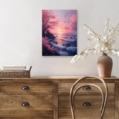 Beautiful Cherry Blossom Sunset Seascape  Painting 40x60cm Metal Print Ready to Hang