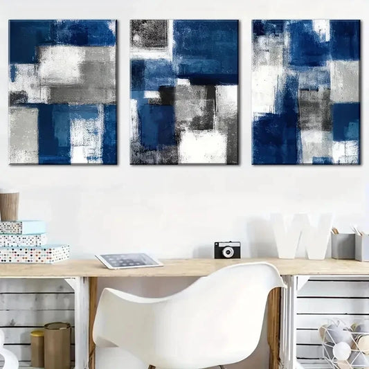 3pcs Abstract Blue Color Block Geometric Metal Print Ready to Hang Art