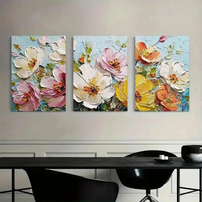 3pcs Array of Beautiful Flowers in Various Colors Metal Print Ready to Hang Art