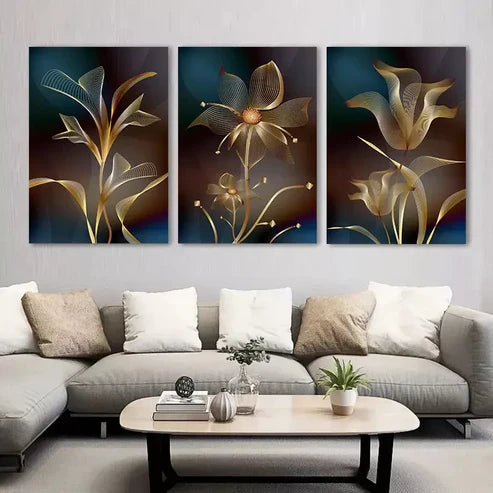 3pcs Vintage Wall Art Abstract Golden Flower Canvas Framed 60x90cm - High Quality Print 100% Australian Made Wall Canvas Ready to Hang