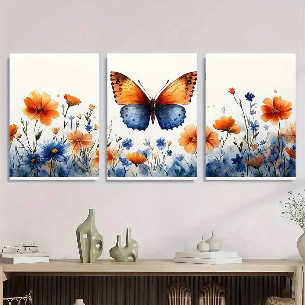 3pcs Modern Vibrant Wildflowers and Butterflies Metal Print Ready to Hang Art