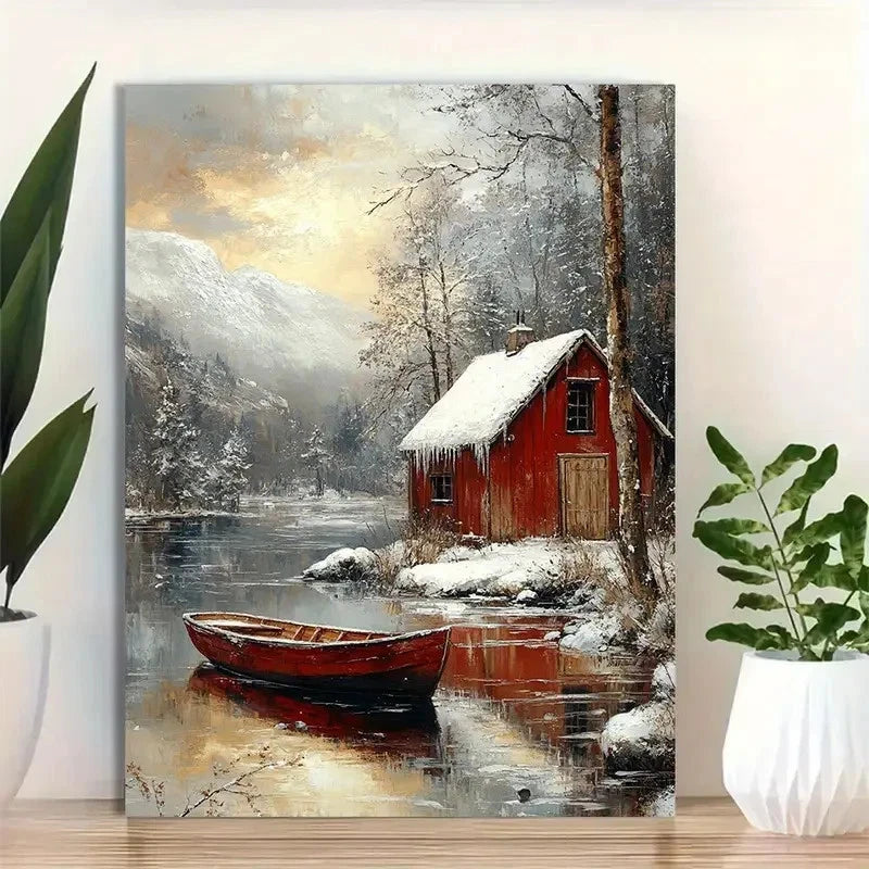 Beautiful Panoramic Tranquil Winter Lake Painting 40x60cm Metal Print Ready to Hang