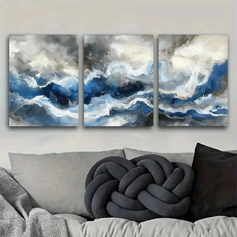 3pcs Blue and White Fluid Art Set Portrait Metal Print Ready to Hang Art