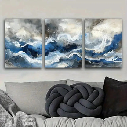 3pcs Blue and White Fluid Art Set Portrait Metal Print Ready to Hang Art