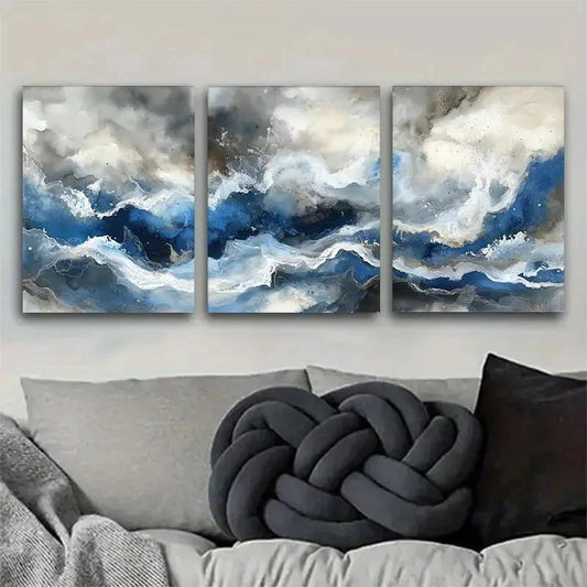 3pcs Blue and White Fluid Art Set Portrait Metal Print Ready to Hang Art